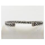 Twisted Rope Silver Tone Cuff Bracelet with Green Stone Accent