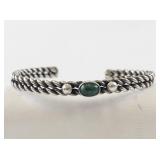 Twisted Rope Silver Tone Cuff Bracelet with Green Stone Accent