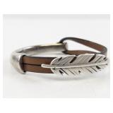 Leather and Metal Feather Hook Bangle Bracelet