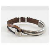 Leather and Metal Feather Hook Bangle Bracelet