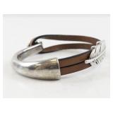 Leather and Metal Feather Hook Bangle Bracelet