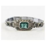 Vintage Novelty Line Art Deco Green and Clear Rhinestone Bracelet