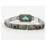 Vintage Novelty Line Art Deco Green and Clear Rhinestone Bracelet