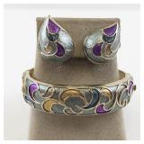 Kramer Enamel Hinged Bangle Bracelet and Clip-On Earrings Set