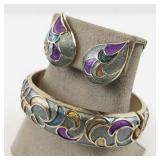 Kramer Enamel Hinged Bangle Bracelet and Clip-On Earrings Set