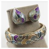 Kramer Enamel Hinged Bangle Bracelet and Clip-On Earrings Set