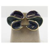 Vintage Enamel and Gold Tone Clip-On Earrings with Purple, Green, and Blue Swirls