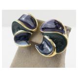 Vintage Enamel and Gold Tone Clip-On Earrings with Purple, Green, and Blue Swirls