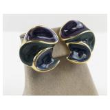 Vintage Enamel and Gold Tone Clip-On Earrings with Purple, Green, and Blue Swirls
