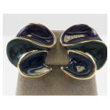 Vintage Enamel and Gold Tone Clip-On Earrings with Purple, Green, and Blue Swirls