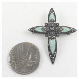 Sterling Silver Cross Brooch with Turquoise Inlays and Marcasite Accents