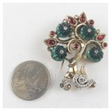 Vintage Trifari Tree of Life Fur Clip with Red and Green Stones
