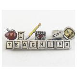 Teaching Theme Brooch with Apple, Pencil, and Blocks Design
