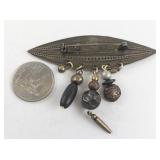 Vintage Brass Pin Brooch with Dangle Beads and Charms
