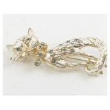 Vintage Cat Brooch Gold Tone with Rhinestone Accents