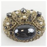 Vintage W. Germany Ornate Filigree Brooch with Black Stone and Faux Pearls