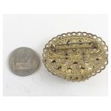 Vintage W. Germany Ornate Filigree Brooch with Black Stone and Faux Pearls