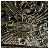 Vintage W. Germany Ornate Filigree Brooch with Black Stone and Faux Pearls