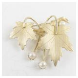 Sarah Coventry Gold-Tone Leaf Brooch with Faux Pearls