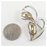 Silver and Gold Tone Abstract Heart Pin Brooch