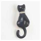 Vintage Black Cat Brooch with Rhinestone Collar