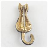 Vintage Black Cat Brooch with Rhinestone Collar