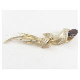 Sarah Coventry Gold Tone Floral Brooch with Rhinestones and Red Stone