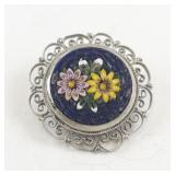 Vintage Micro Mosaic Floral Brooch with Filigree Border