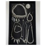 Vintage Costume Jewelry Set with Rhinestone Necklaces, Bracelets, Brooches, and Earrings
