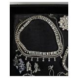 Vintage Costume Jewelry Set with Rhinestone Necklaces, Bracelets, Brooches, and Earrings