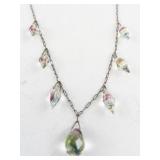 Vintage Necklace with Iridescent Glass Drops on Silver-Tone Chain