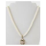 Vintage Faux Pearl Necklace with Floral Pendant and Gold-Tone Filigree