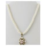 Vintage Faux Pearl Necklace with Floral Pendant and Gold-Tone Filigree