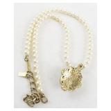 Vintage Faux Pearl Necklace with Floral Pendant and Gold-Tone Filigree