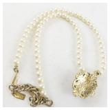 Vintage Faux Pearl Necklace with Floral Pendant and Gold-Tone Filigree