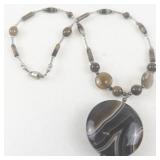 Agate Beaded Necklace with Large Agate Pendant