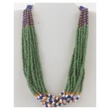 Tribal-Style 10-Strand Beaded Necklace with Green, Blue, White, and Orange Glass Beads