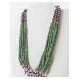 Tribal-Style 10-Strand Beaded Necklace with Green, Blue, White, and Orange Glass Beads