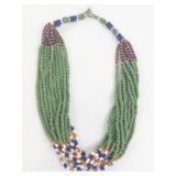 Tribal-Style 10-Strand Beaded Necklace with Green, Blue, White, and Orange Glass Beads