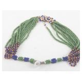 Tribal-Style 10-Strand Beaded Necklace with Green, Blue, White, and Orange Glass Beads
