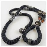 Ethnic Style Necklace with Black Disc Beads and Ornate Silver-Tone Accents