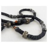 Ethnic Style Necklace with Black Disc Beads and Ornate Silver-Tone Accents