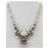 Vintage Beaded Statement Necklace with Faux Pearls and Decorative Pendant