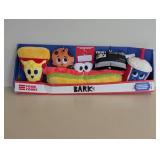 NEW FOOD COURT BARK (5) DOG TOYS W/ A CUSTOMIZABLE NAME BADGE NEW FOOD COURT BARK (5) DOG TOYS W/ A CUSTOMIZABLE NAME BADGE