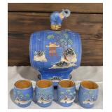 Vintage Japanese Hinode Moriage Sake Barrel with Four Cups