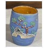 Vintage Japanese Hinode Moriage Sake Barrel with Four Cups