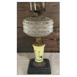Vintage Oil Lamp with Hand Painted Bird Motif Base