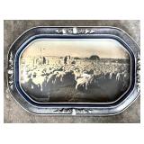 Convex Glass Tray / Wall Hanging with Historical Scene of Sheep Herded for Shearing in a Rural Setting