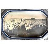 Convex Glass Tray / Wall Hanging with Historical Scene of Sheep Herded for Shearing in a Rural Setting