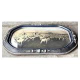 Convex Glass Tray / Wall Hanging with Historical Scene of Sheep Herded for Shearing in a Rural Setting